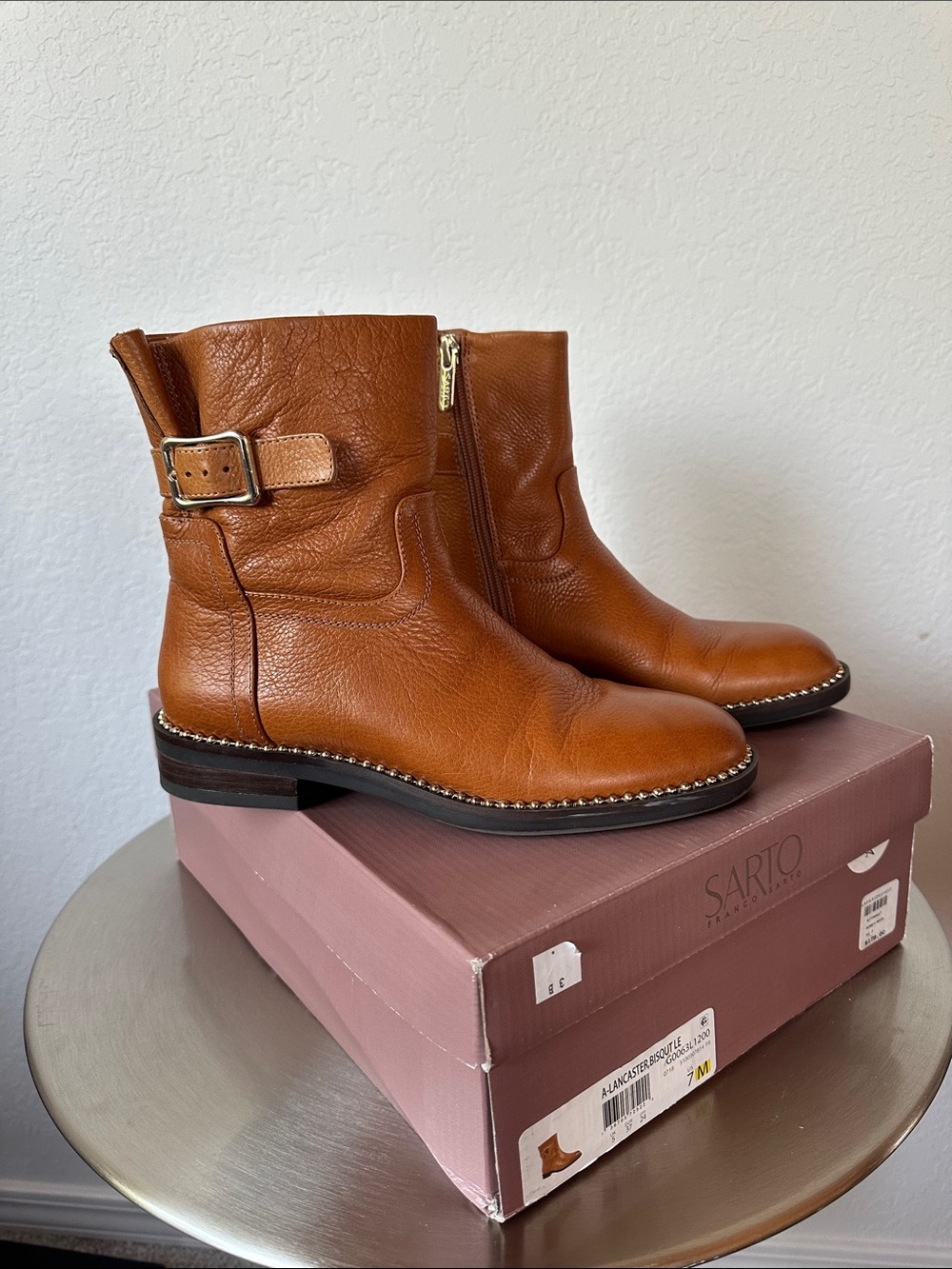 Franco Sarto Cognac Leather Ankle Boots with Buckle